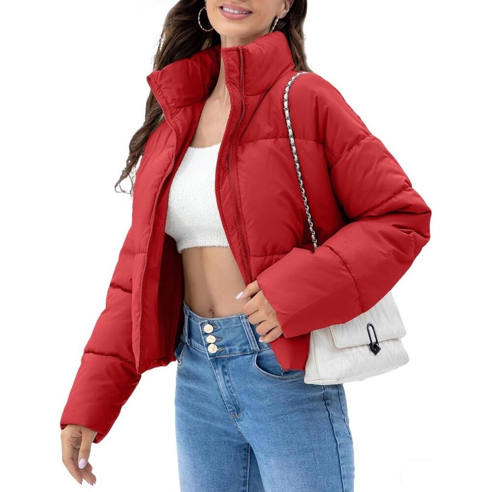 〽️Women's Red WHN Cropped Quilted Puffer Jacket Winter Warm Full Zip Coat